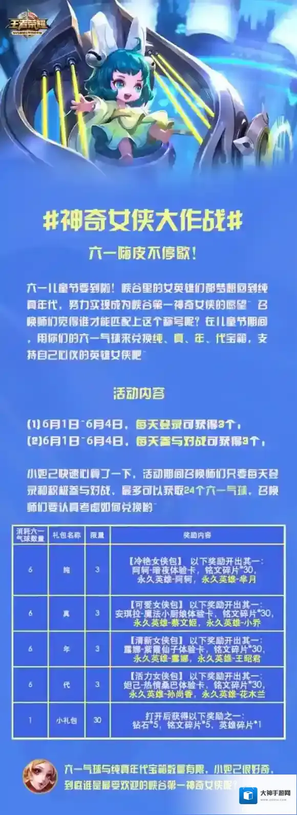 王者荣耀六一儿童节集齐气球兑换神奇女侠